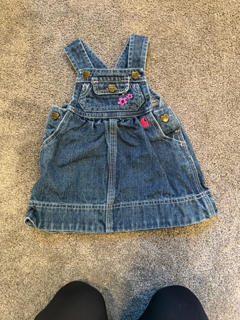Carhartt Girls' Blue Denim Overall Dress with Pink Floral Accents
